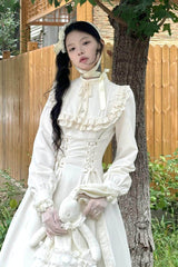 Apricot Stand Collar Long Sleeves Ruffled Lace-Up Gothic Lolita Dress - Product - 2
