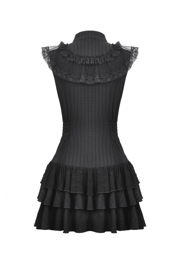 Black Lace Ruffled Stand Collar Bow Sleeveless Triple-Layered Hem Women's Gothic Dress - Product - 17