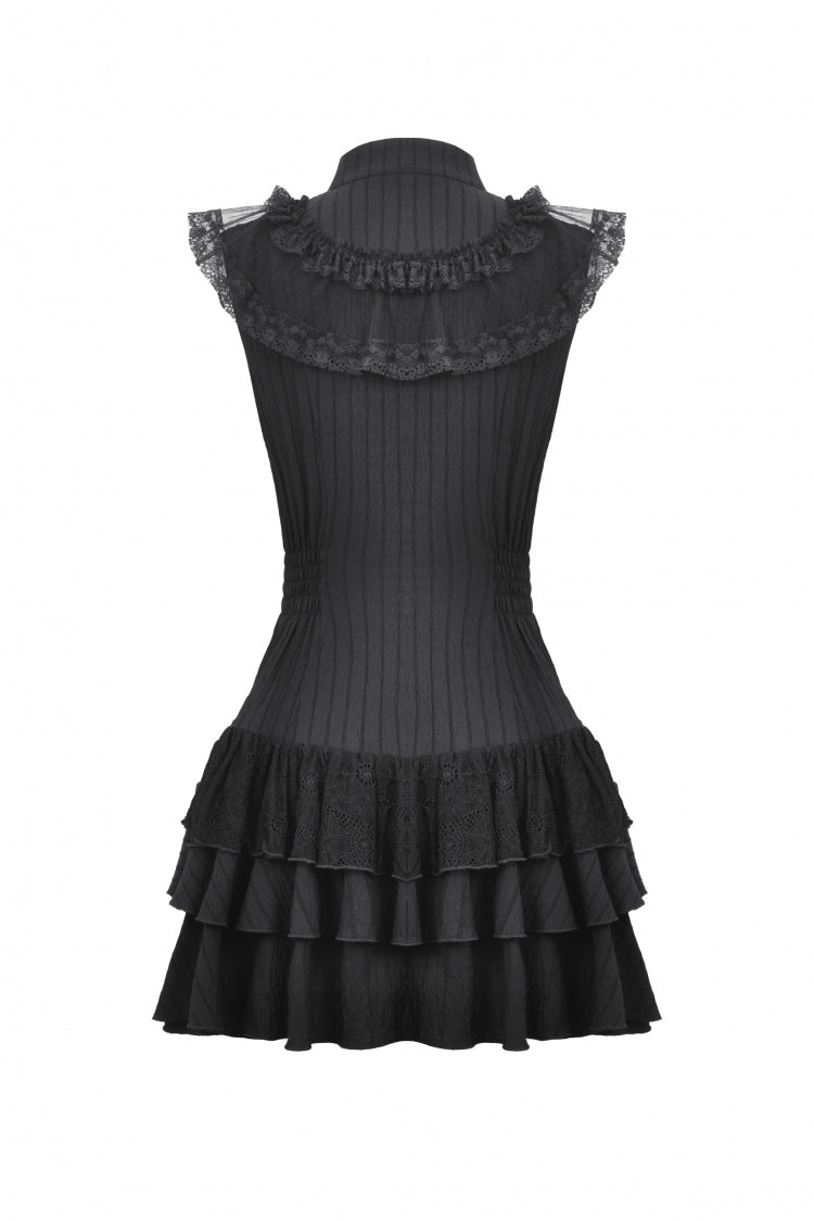 Black Lace Ruffled Stand Collar Bow Sleeveless Triple-Layered Hem Women's Gothic Dress - Product - 17