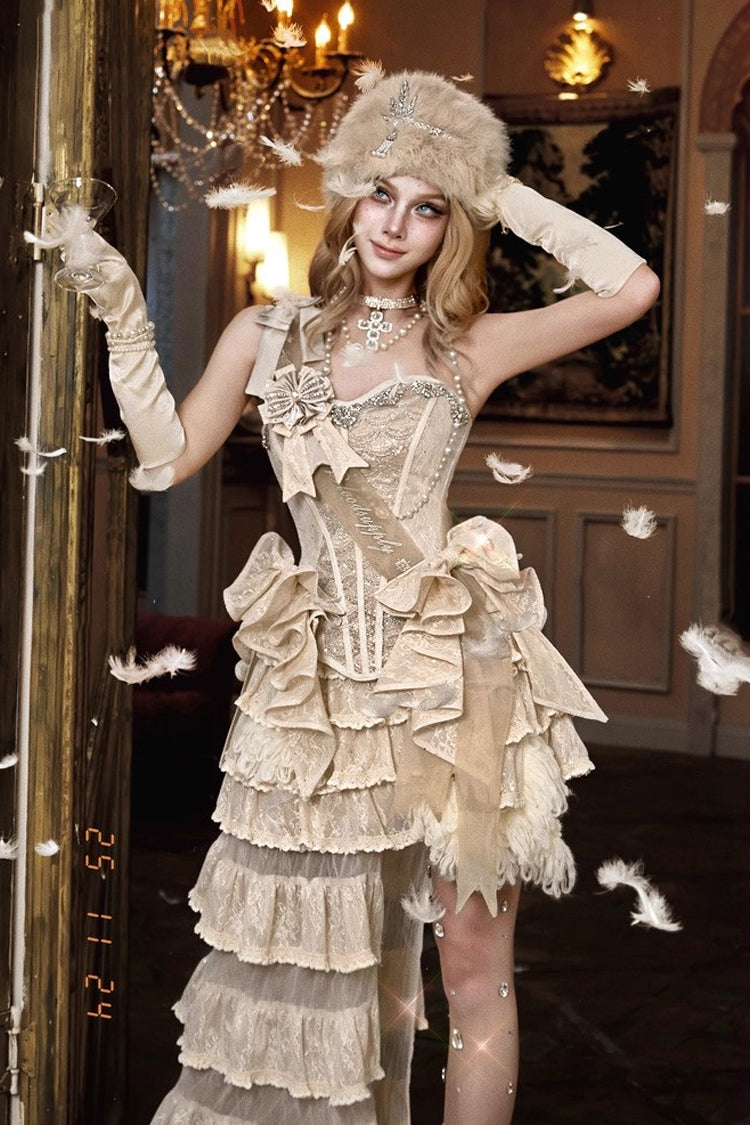 Light Brown [Slavic Noble Lady] Sleeveless Multi-Layered Sparkling Diamonds Ruffled Bow Lace-Up Irregular Gothic Elegant Lolita Skirt & Corset Set - Product - 5