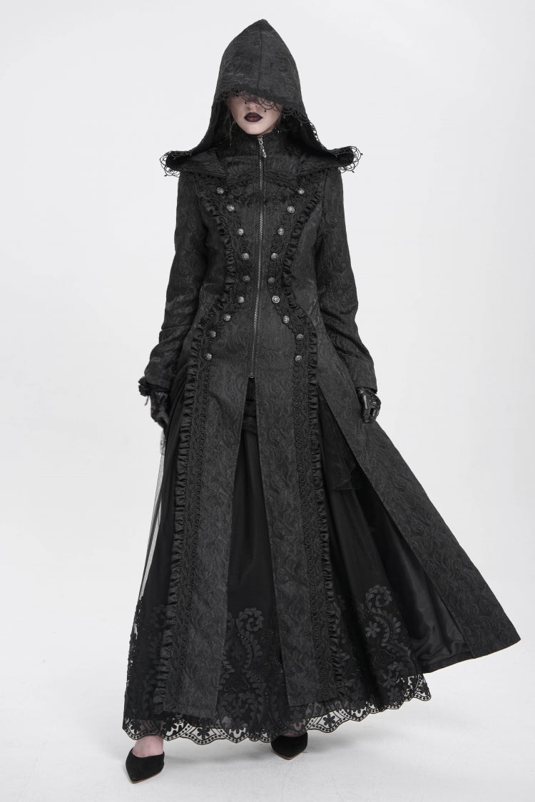Black Stand Collar Long Sleeves Ruffle Hooded Women's Gothic Long Coat - Product - 9