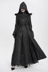 Black Stand Collar Long Sleeves Ruffle Hooded Women's Gothic Long Coat - Product - 9