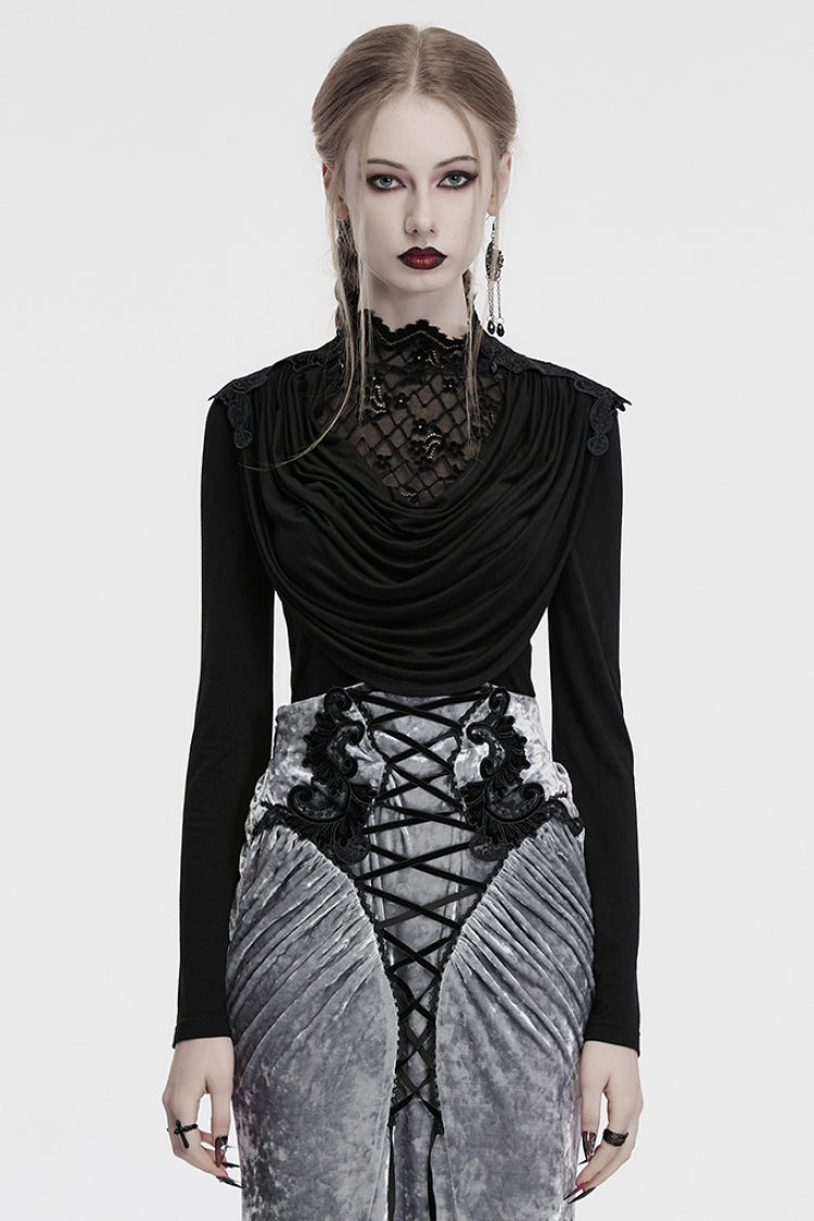 Black Long Sleeves Cowl Neck Stitching Lace Women's Gothic Blouse - Black - 1