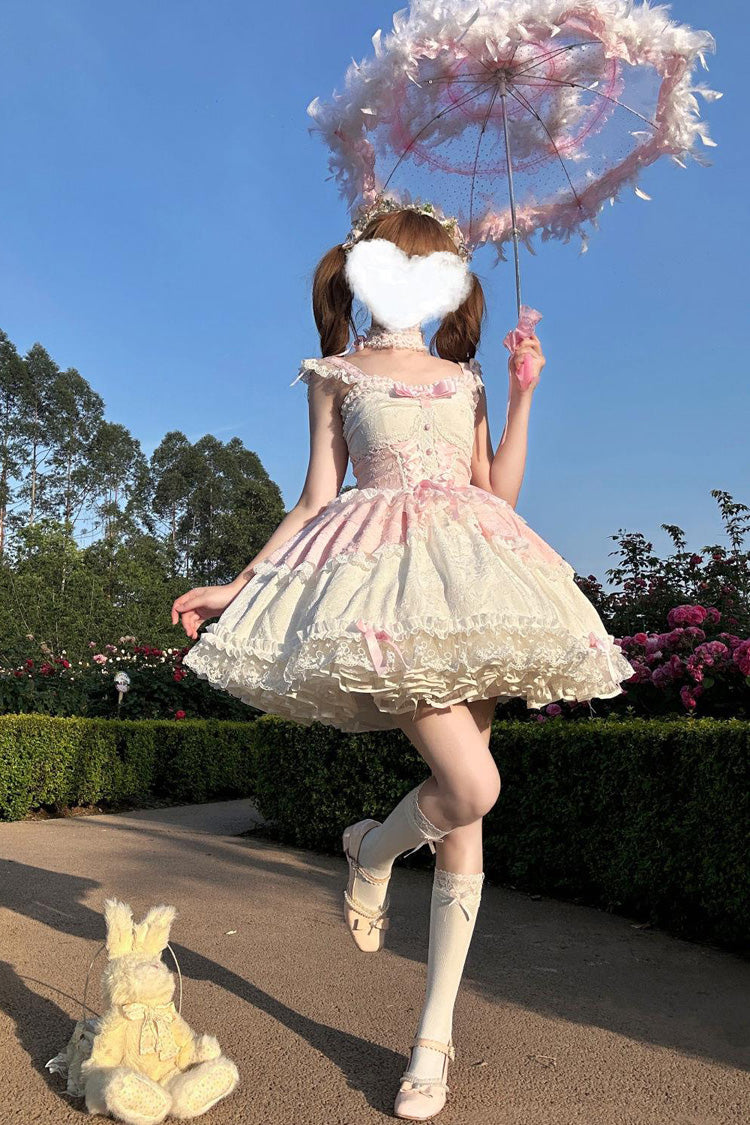 Pink [Leiffu] Sleeveless Ruffle Bowknot Lace Lace-Up Sweet Ballet Lolita Jsk Dress - Product - 4