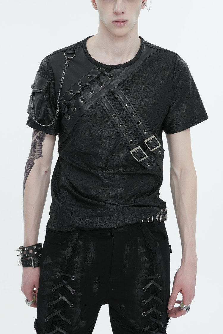 Black Vintage Print Buckle Splice Faux Leather Men's Punk T-Shirt - Black - 1