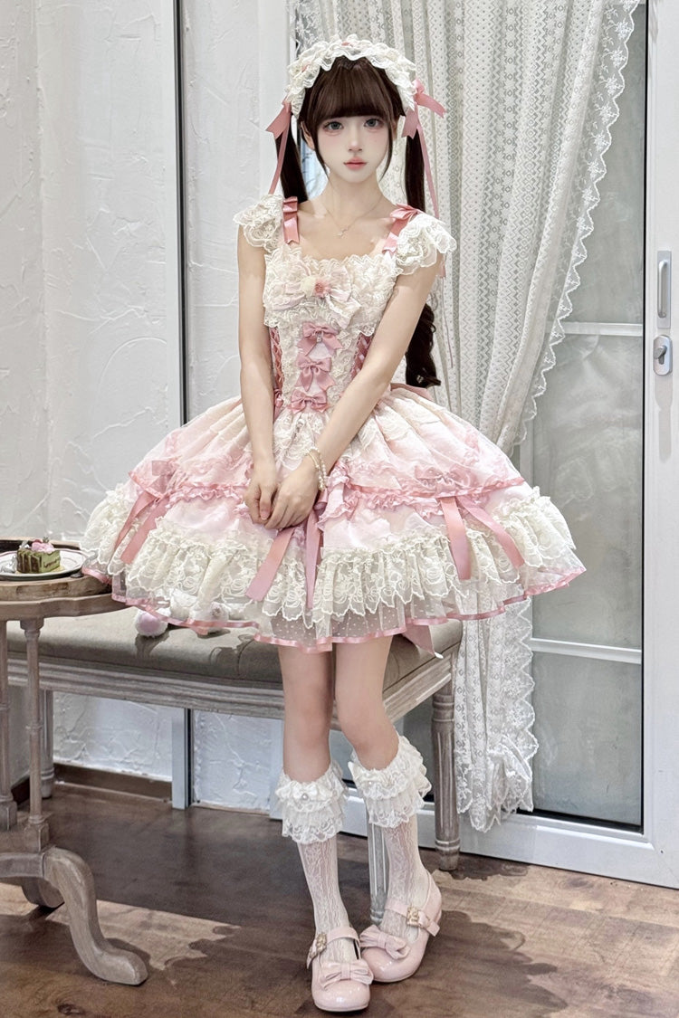 Pink [Dreaming Butterfly] Multi-Layered Jacquard Ruffle Bowknot Lace Sweet Princess Lolita Jsk Dress - Product - 4