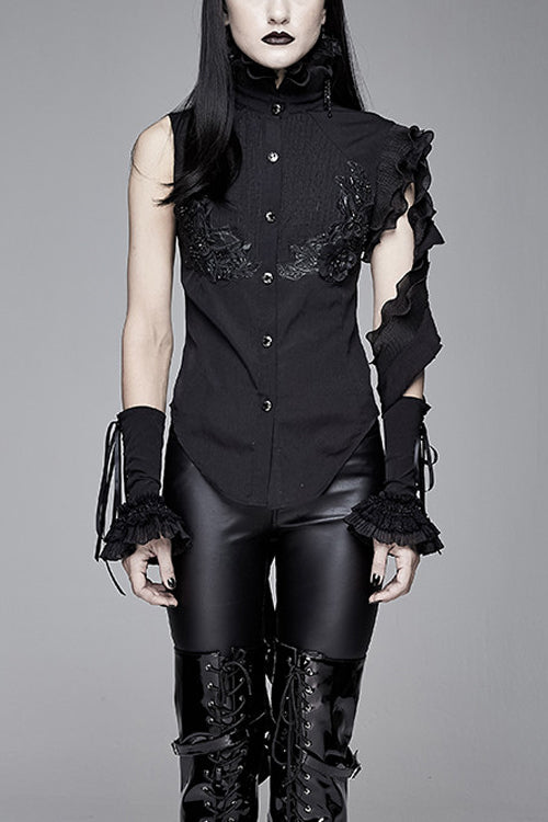 Black Ruffled Lace Sleeves Chiffon Swallowtail Womens Gothic Blouse - Black - 1