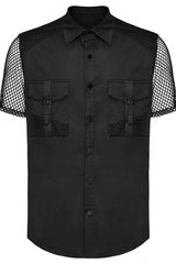 Black Lapel Collar Short Sleeves Mesh Stitching Men's Punk Blouse - Product - 5