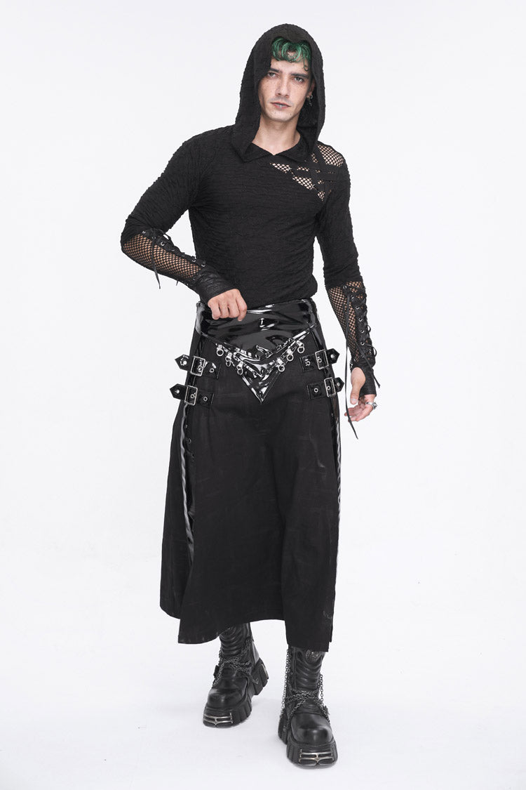 Black Lace Up Mesh Splice Long Sleeve Men's Punk Hoodies - Product - 4
