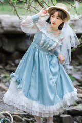 Blue Halter Neck Lantern Long Sleeves Lace Ruffled Hanayome Sweet Lolita Op Tiered Dress - Product - 2
