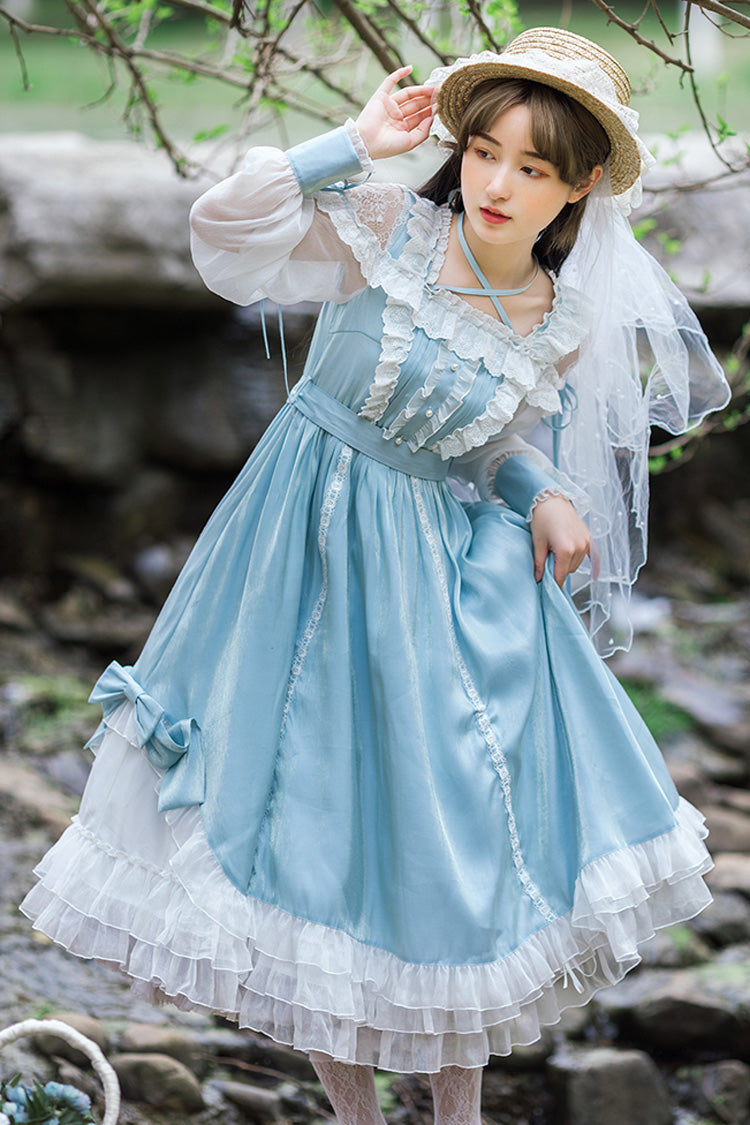 Blue Halter Neck Lantern Long Sleeves Lace Ruffled Hanayome Sweet Lolita Op Tiered Dress - Product - 2