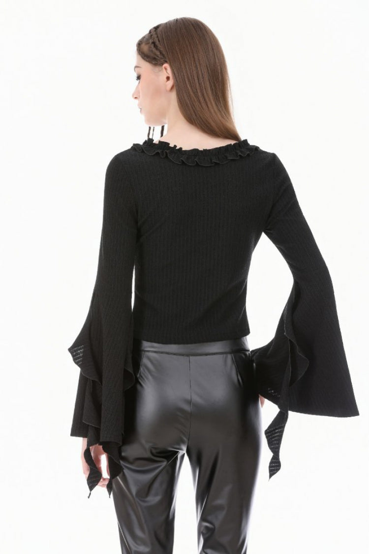 Black Cross Ruffled V Collar Irregular Split Long Trumpet Sleeves Women's Gothic Crop Top with Streamer - Product - 4