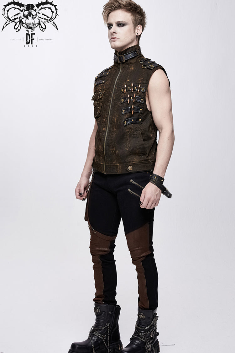 Brown Asymmetrical Bullet Belt 3D Pocket Leather Loop Rivet Back Lace Up Men's Punk Waistcoat - Product - 5