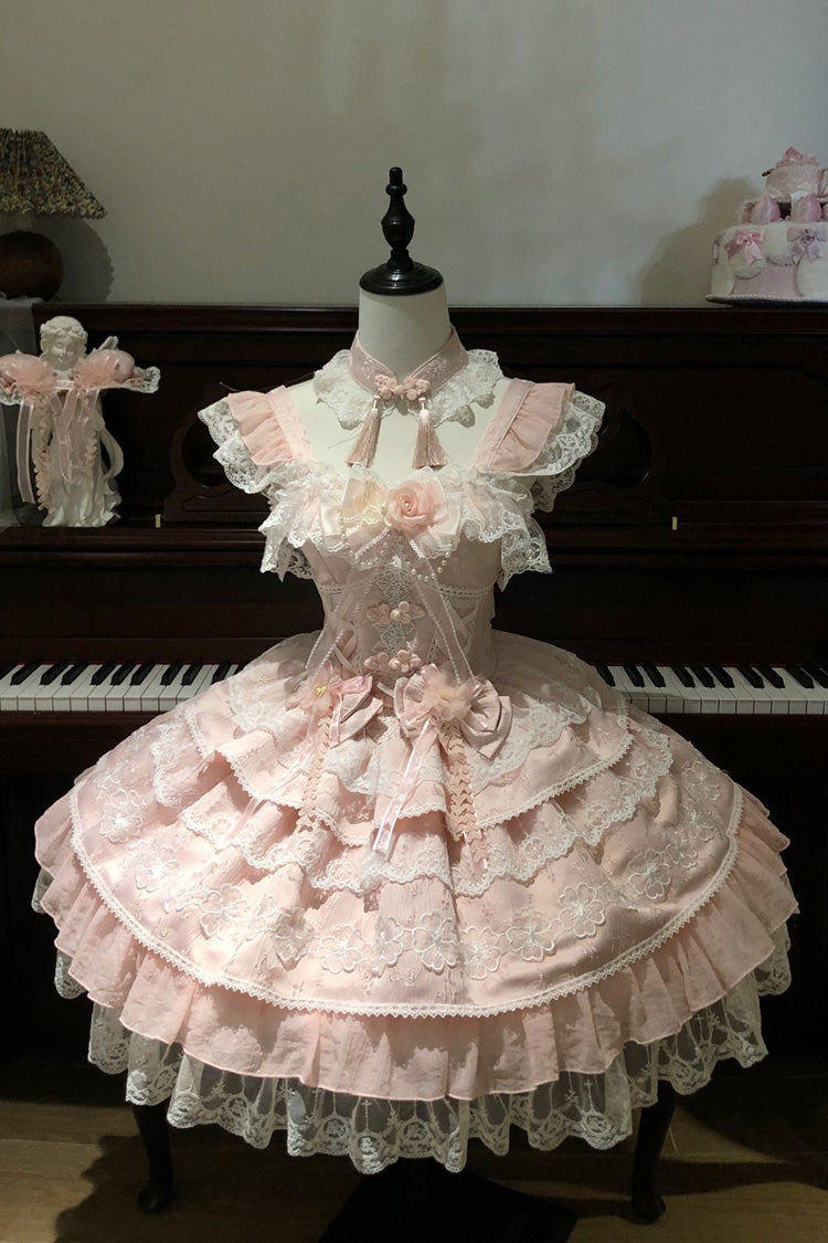 Pink [Rain of Peaches] Sleeveless Multi-Layered Bowknot Lace Sweet Chinese Style Lolita Jsk Dress - Product - 3