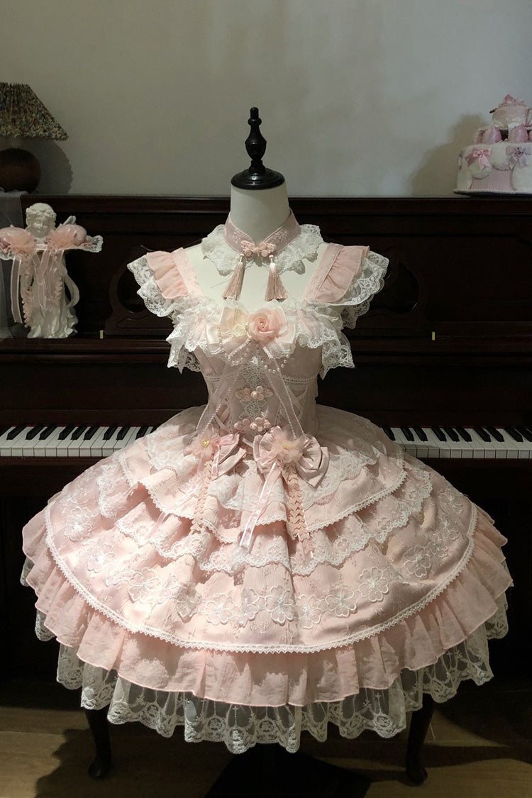 Pink [Rain of Peaches] Sleeveless Multi-Layered Bowknot Lace Sweet Chinese Style Lolita Jsk Dress - Product - 3