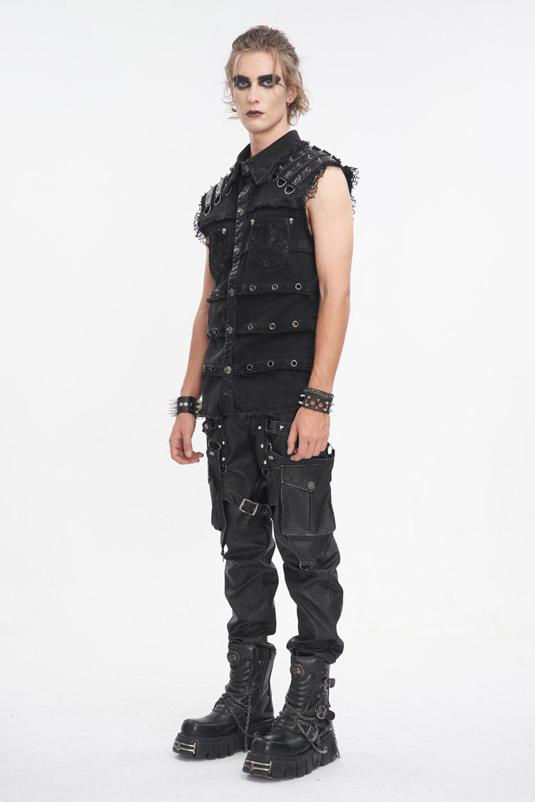 Black Lapel Collar Studded Slim Men's Punk Vest - Product - 3