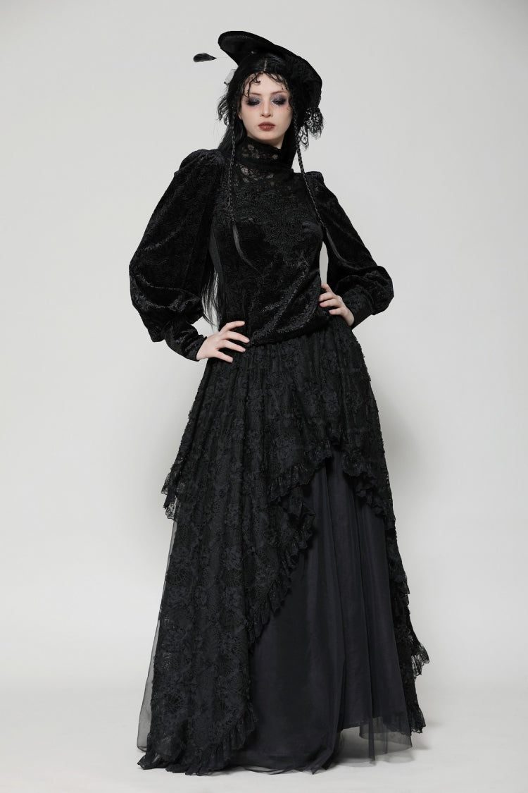 Black Ruffled Turtleneck Bishop Long Sleeves Floral Lace Patchwork Velvet Women's Gothic Blouse - Product - 10
