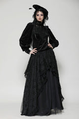 Black Ruffled Turtleneck Bishop Long Sleeves Floral Lace Patchwork Velvet Women's Gothic Blouse - Product - 10