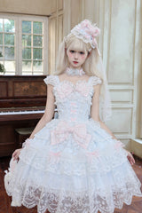 Blue [Bunny Dream Letter] Square Collar Flutter Sleeves Jacquard Ruffled Bow Lace Sweet Princess Balletcore Lolita Jsk Dress - Product - 9