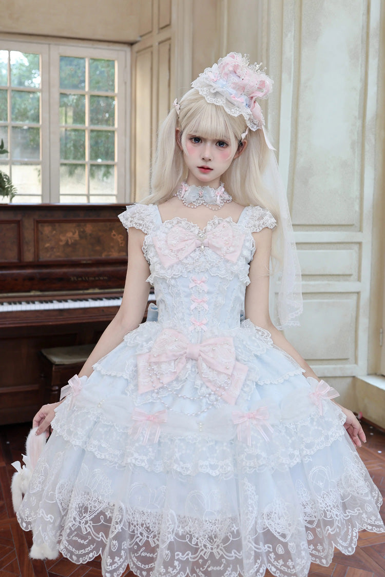 Blue [Bunny Dream Letter] Square Collar Flutter Sleeves Jacquard Ruffled Bow Lace Sweet Princess Balletcore Lolita Jsk Dress - Product - 9
