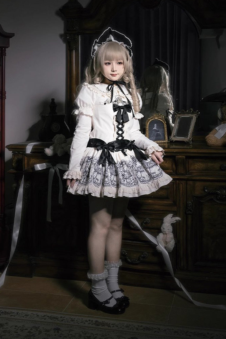 Doll Night Short Sleeves Print Ruffle Embroidery Bowknot Gothic Lolita Dress 2 Colors - Product - 6