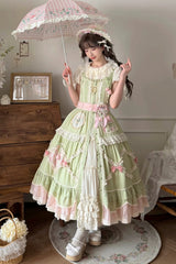 Green [Tulip Blossom Field] Multi-Layered Pastoral Style Ruffled Open-Front Bow Sweet Lolita Jsk Dress - Product - 2