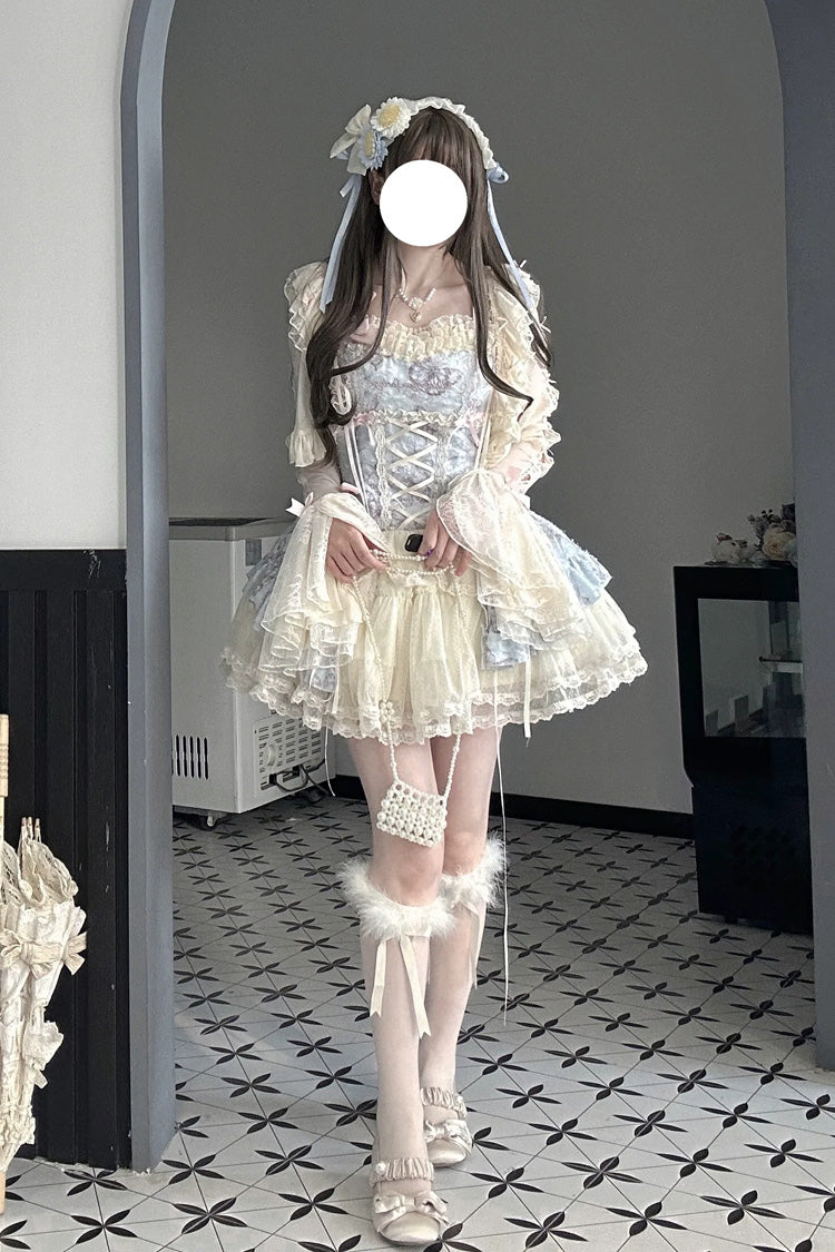 [Summer Butterfly] Square Collar Flutter Sleeves Multi-Layered Printed Ruffled Bow Lace Sweet Lolita Jsk Dress 5 Colors (Blue, Pink, Purple, Green, Beige) - Blue - 12