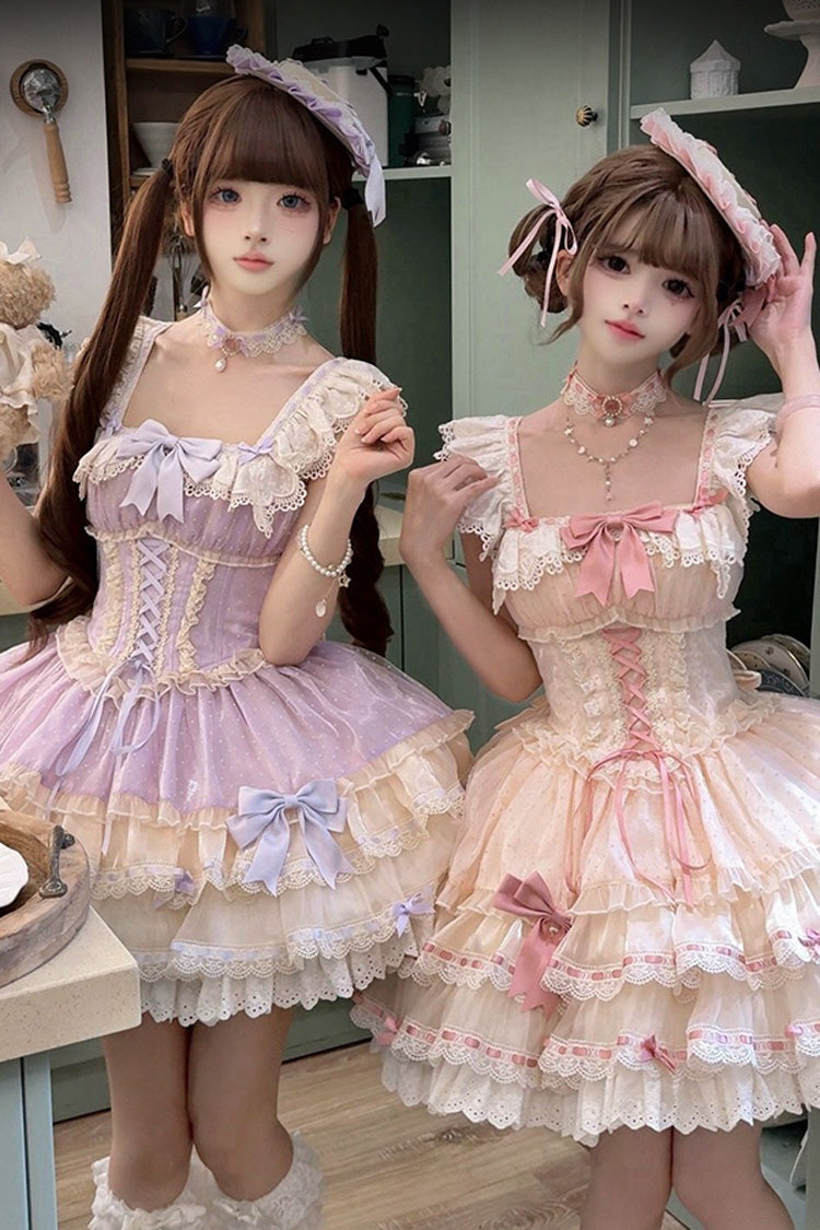 Apricot [Flory Butterfly] Double-Layered Ruffle Bowknot Lace Lace-Up Sweet Ballet Lolita Jsk Dress - Product - 6