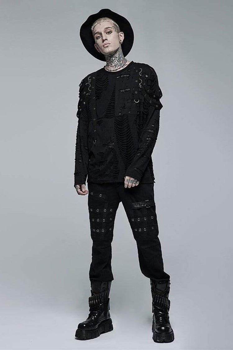 Black Gothic Broken Holes Knitted Fabric Stitching Metal Buckle Detachable Decorative Tape Long Sleeve Men's T-Shirt - Product - 4