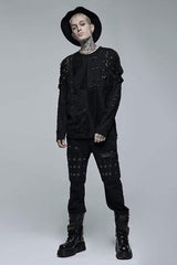 Black Gothic Broken Holes Knitted Fabric Stitching Metal Buckle Detachable Decorative Tape Long Sleeve Men's T-Shirt - Product - 4