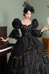 Black Square Collar Half Trumpet Sleeves Double-Layered Ruffled Open-Front Gothic Vintage Palace Lolita Victorian Dress - Product - 5
