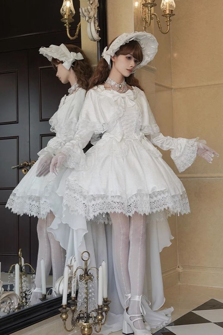 White [Cherish] Long Trumpet Sleeves Ruffle Hanayome Bowknot Lace-Up Sweet Lolita Dress - Product - 6