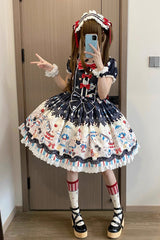Black [Mystery Rabbit Tea Party] Square Collar Short Sleeves Print Ruffle Bowknot Lace Sweet Lolita Dress - Product - 2