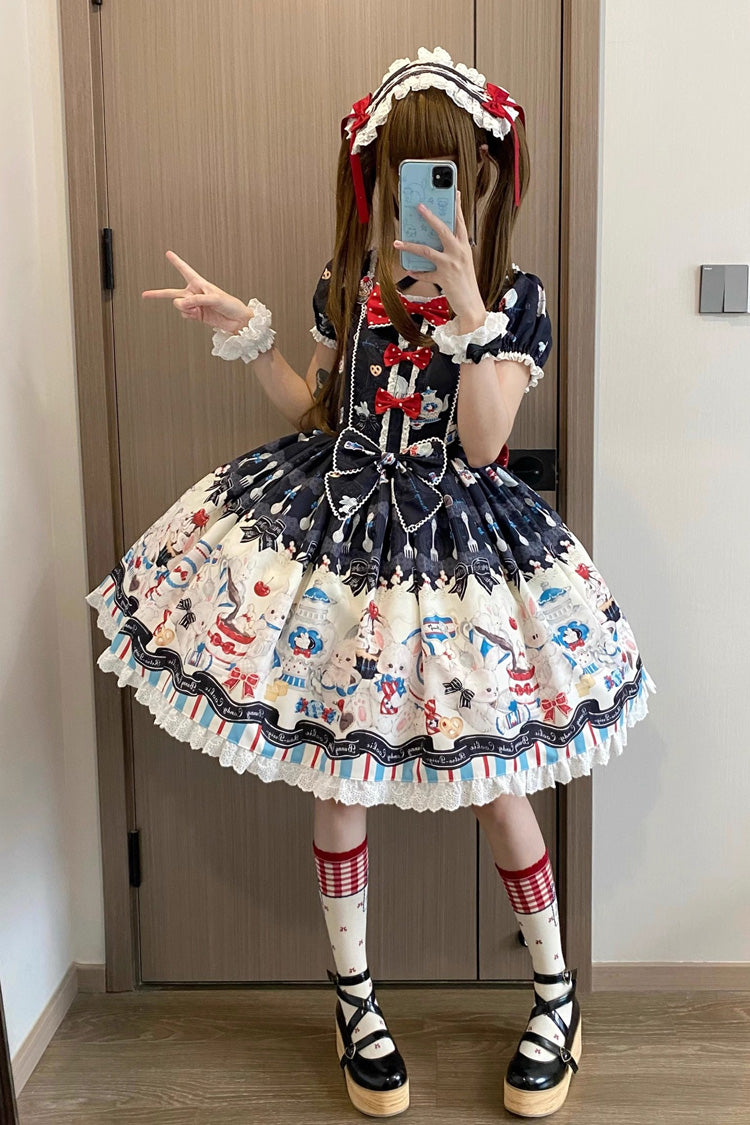 Black [Mystery Rabbit Tea Party] Square Collar Short Sleeves Print Ruffle Bowknot Lace Sweet Lolita Dress - Product - 2