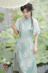 Green Ruffle Short Sleeves Lotus Print Sweet Cheongsam Hanfu Dress - Product - 4