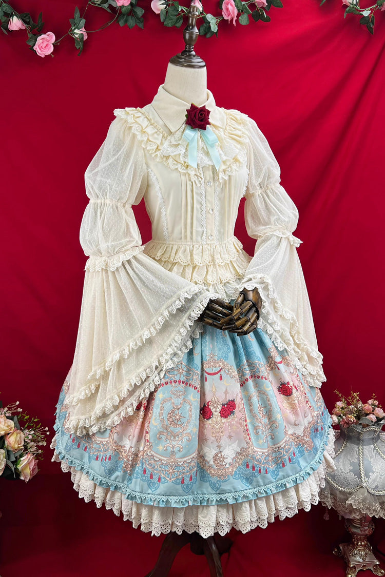 Blue [Moonlit Garden Secret] Print Ruffle Embroidery Lace Sweet Elegant Palace Lolita Skirt - Product - 13