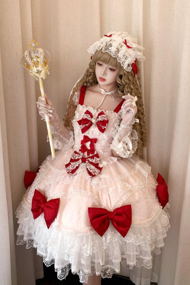 Red/Pink [Flower Dream Isle] Square Collar Multi-Layered Ruffled Bow Lace Sweet Lolita Jsk Dress - Product - 8