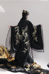 Black [Bamboo Leaves] V Collar Trumpet Sleeves High Waisted Embroidered Women's Classic Hanfu Dress Set - Product - 7