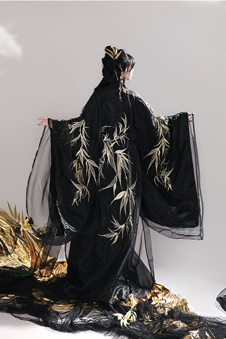 Black [Bamboo Leaves] V Collar Trumpet Sleeves High Waisted Embroidered Women's Classic Hanfu Dress Set - Product - 7