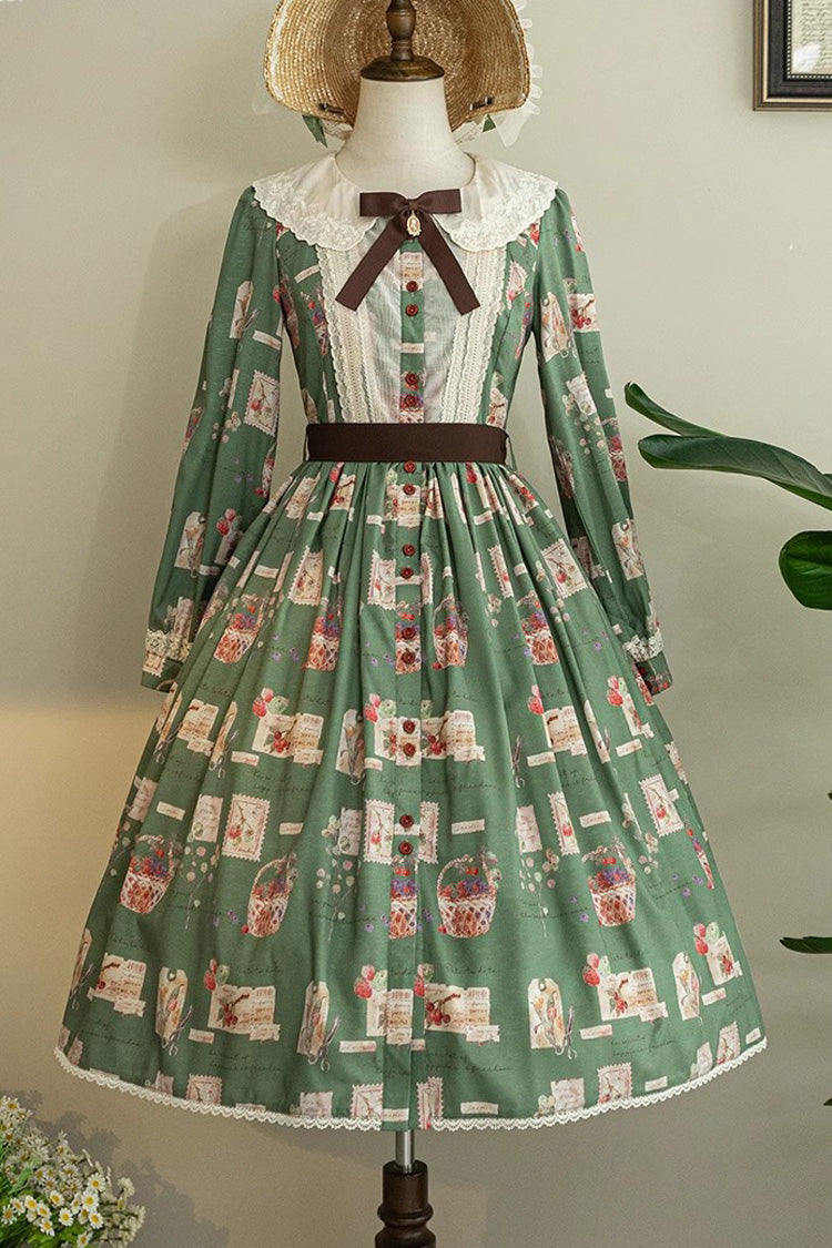 Forest Illustrated Book Long Lantern Sleeves Print Ruffle Sweet Lolita OP Dress 3 Colors - Product - 4