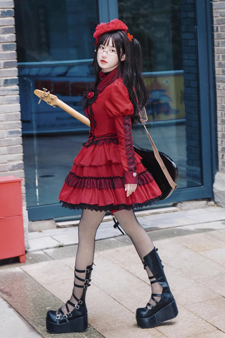 Red Gothic Punk Long Sleeves Removable Corsage Lolita Skirt Set - Product - 3