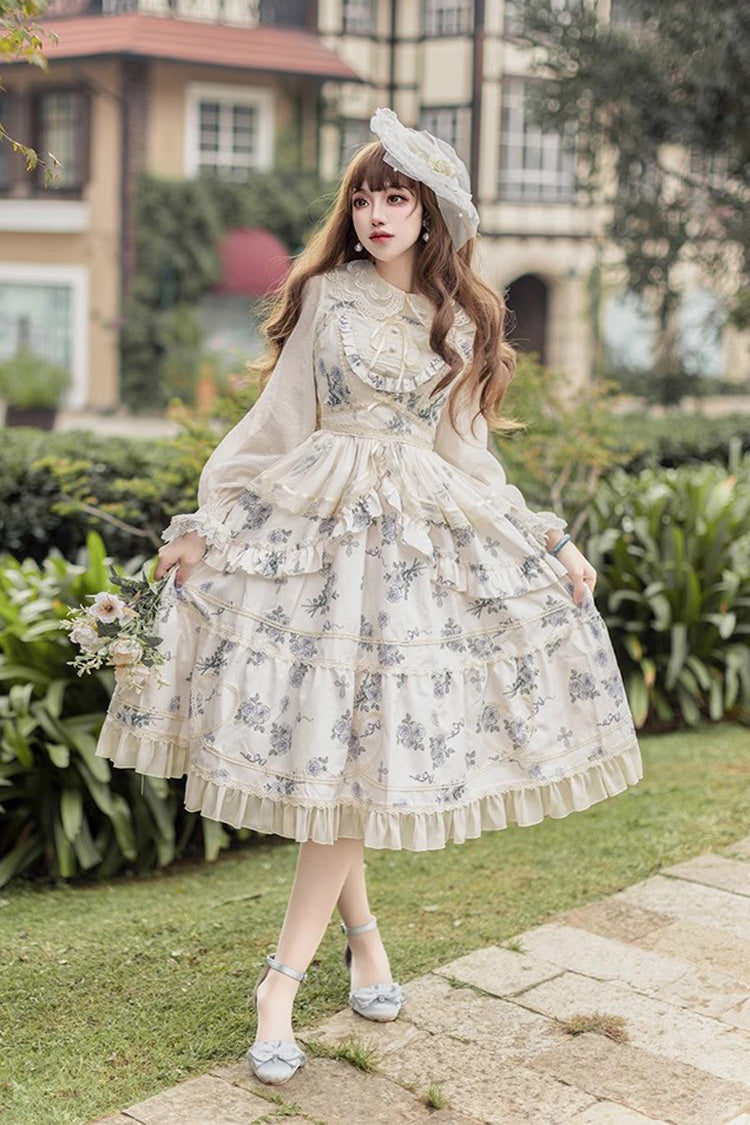 Psalm Rose Doll Collar Print Ruffle Sweet Lolita Jsk Dress 2 Colors - Product - 9