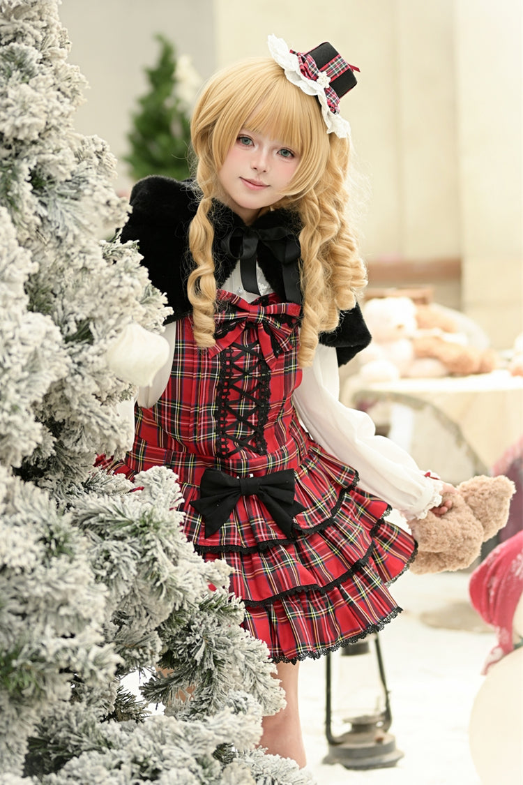 Red [Christmas Velvet Cake] Triple-Layered Printed Ruffled Bow Lace-Up Gothic Elegant Lolita Jsk Dress - Product - 19