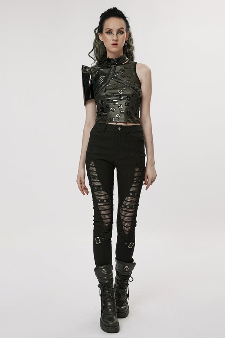 Black Hollow Japanese Buckles Stitching Mesh Women's Gothic Leggings - Product - 4