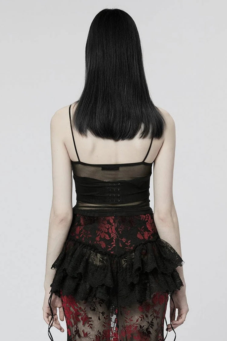 Black Sleeveless Lace Slim Sheer Womens Gothic Sling Vest - Product - 3
