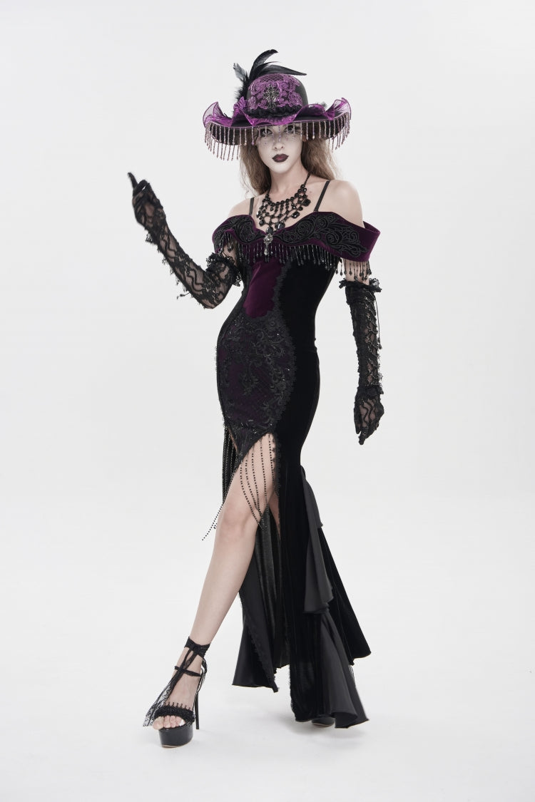 Black/Purple Off Shoulder Sleeveless Embroidered Lace Slim Women's Gothic Gorgeous Strapless Dress - Product - 9