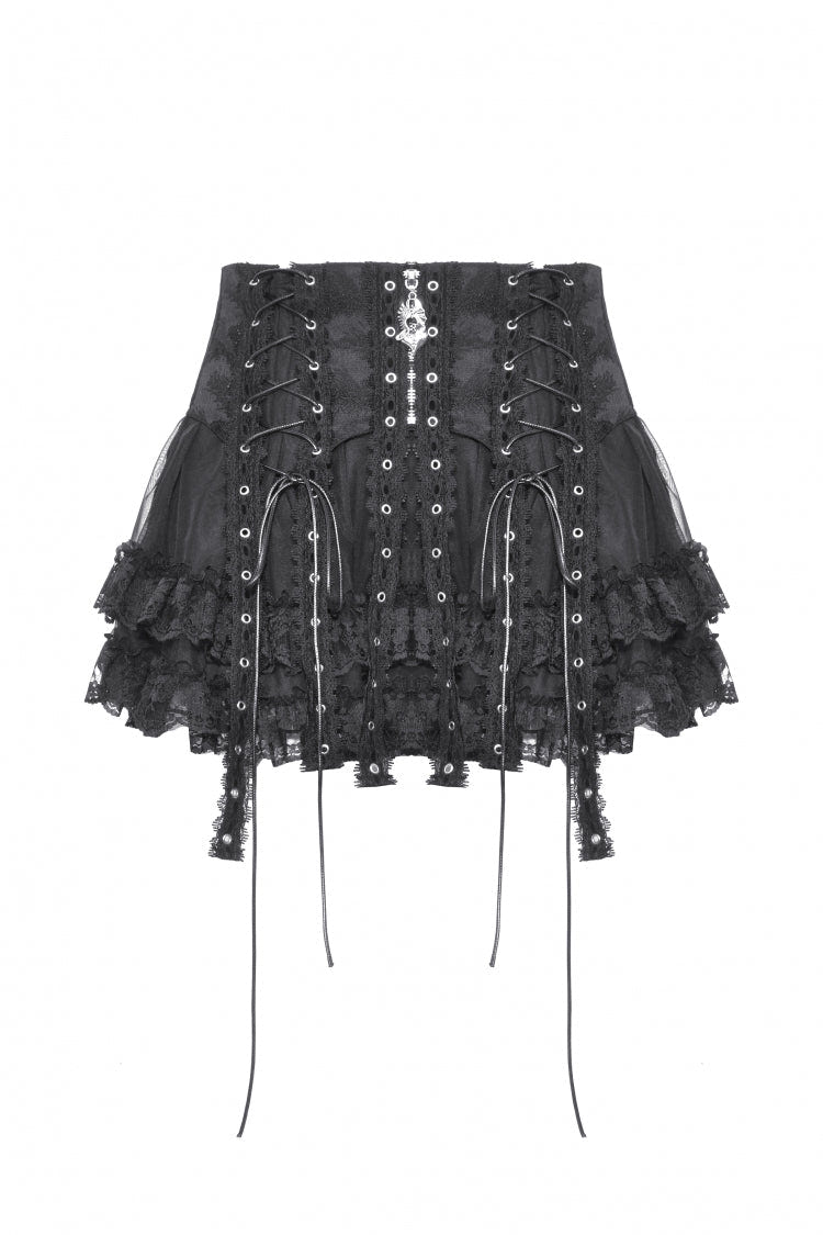 Black Layered Lace Mesh Lace-Up Zippered Women's Punk Mini Skirt - Product - 3