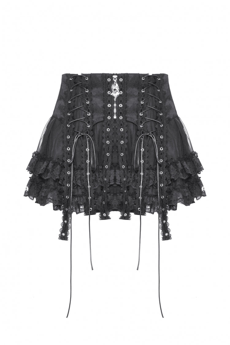 Black Layered Lace Mesh Lace-Up Zippered Women's Punk Mini Skirt - Product - 3