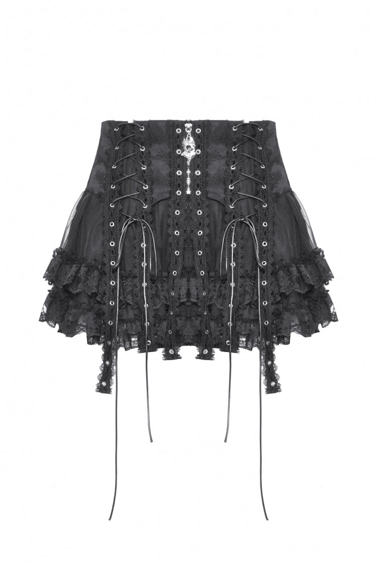 Black Layered Lace Mesh Lace-Up Zippered Women's Punk Mini Skirt - Product - 3