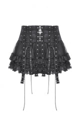 Black Layered Lace Mesh Lace-Up Zippered Women's Punk Mini Skirt - Product - 3